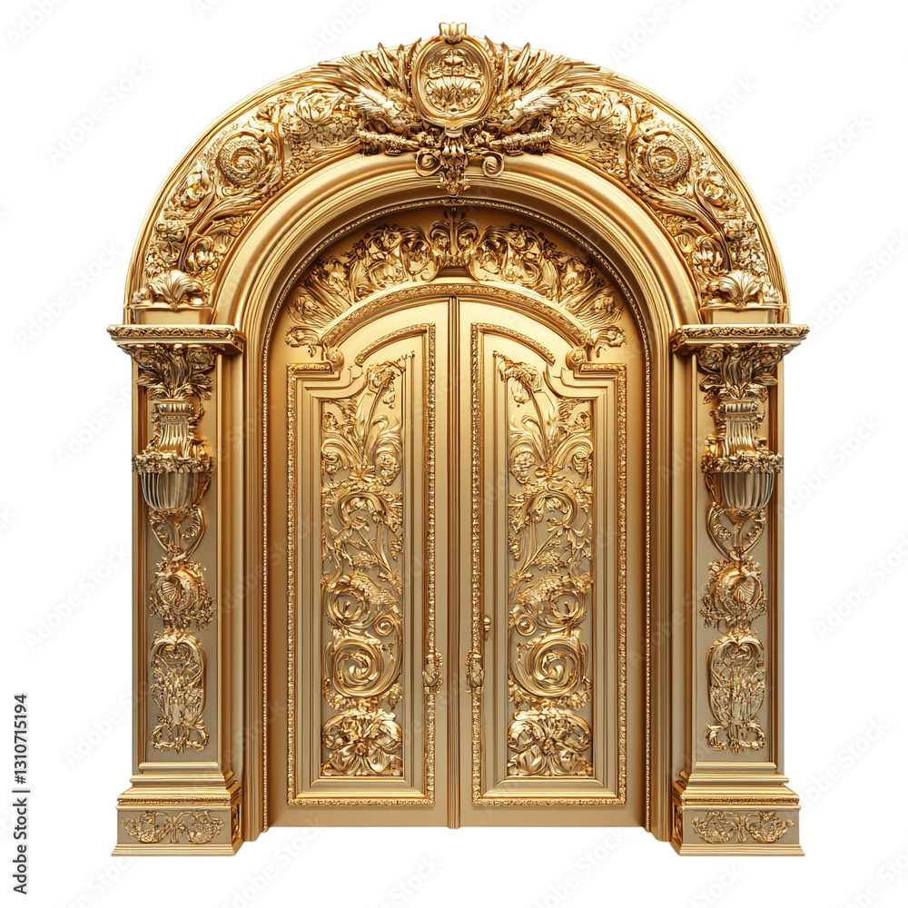 Luxury closed golden door, isolated on transparent background, showcasing an elegant vintage gate, a retro entryway design with classic architecture. Luxury closed golden door, isolated on transparent background, showcasing an elegant vintage gate, a retro entryway design with classic architecture.