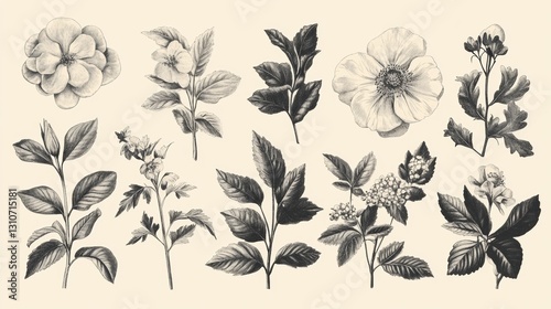 A detailed vintage botanical illustration set of various flowers and leaves, intricately hand-drawn.