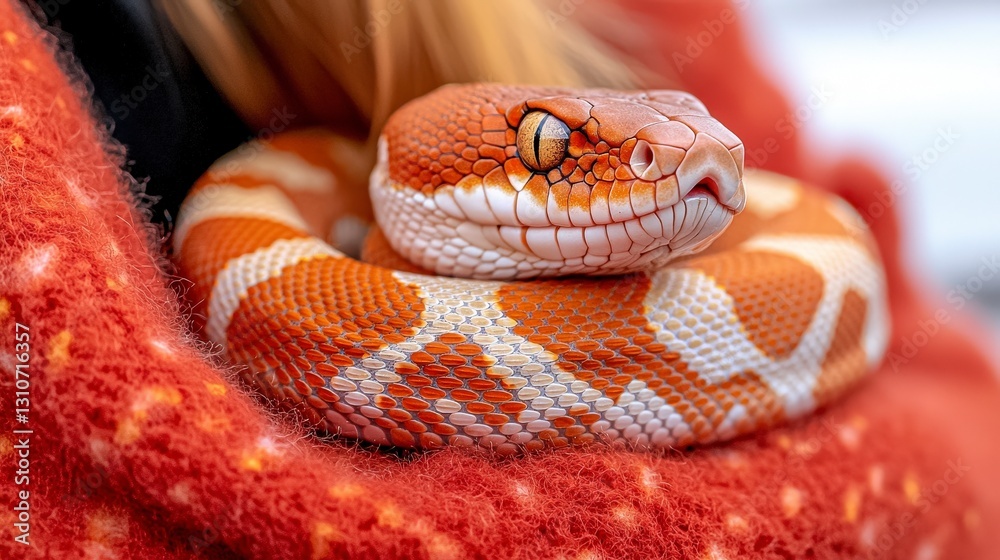 Fototapeta premium Orange Corn Snake on Red Sweater Reptile Closeup Exotic Pet Wildlife Photography
