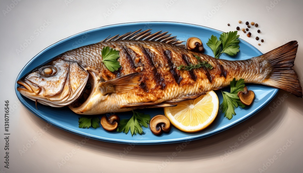 illustration of a grilled whole fish on a blue plate garnished with lemon slices fresh parsley and mushrooms creating a rustic and artistic food presentation illustration of a grilled whole fish on a blue plate garnished with lemon slices fresh parsley and mushrooms creating a rustic and artistic food presentation