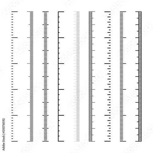 Vertical measurement scales with divisions. Realistic scale for measuring length or height in centimeters, millimeters or inches. Ruler, tape measure marks, size indicators. Vector illustration