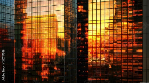 Urban Skyline at Sunset with Skyscrapers and Glass Facades