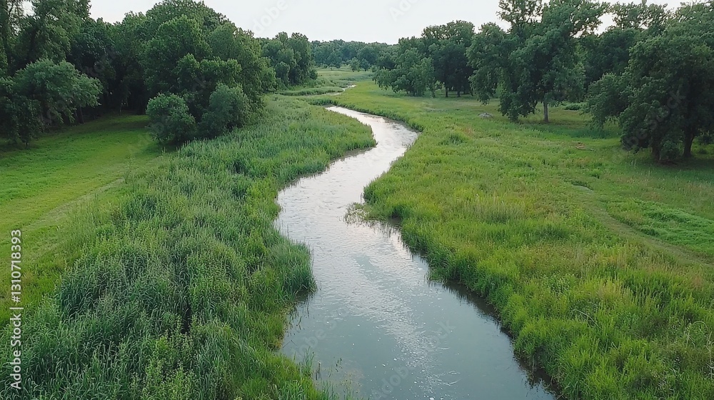 Serene River Winding Through Lush Green Meadows and Forest