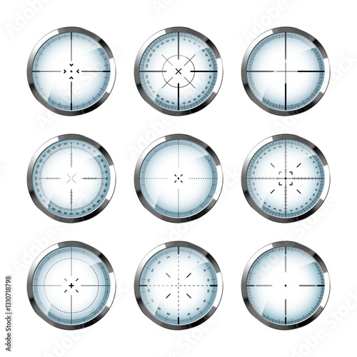 Chrome weapon sights, sniper rifle optical scopes. Hunting gun viewfinder with crosshair. Aim, shooting mark symbol. Military target sign, silhouette. Game interface UI element. Vector illustration