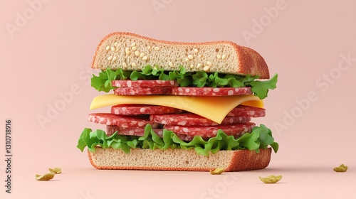 A delicious sandwich with sausage, ham, cheese, lettuce, tomato, and onion on a fresh bun with sesame seeds, perfect for a quick lunch or snack photo