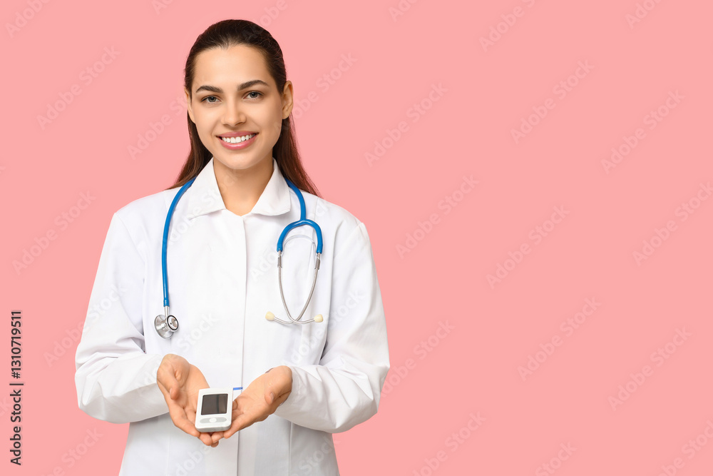 Portrait of female doctor with portable glucose meter on pink background Portrait of female doctor with portable glucose meter on pink background