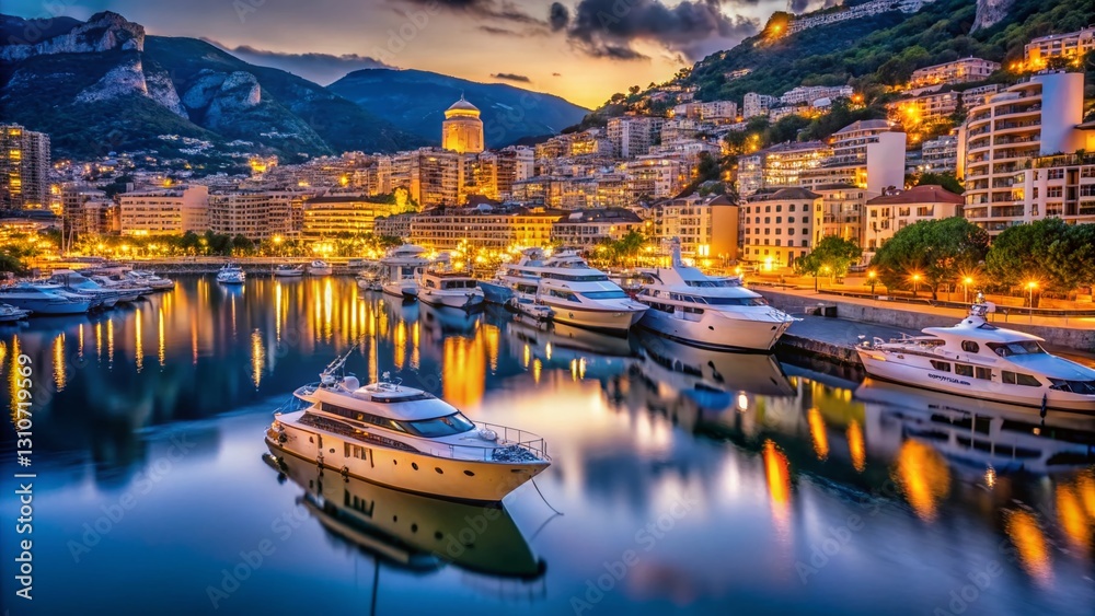 Fototapeta premium Monaco Harbor at Dusk: Luxury Yachts & Low Light Reflections