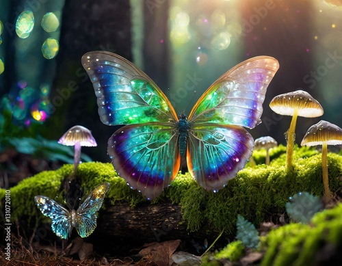 rainbow, rainbow wings, iridescent, iridescent wings, translucent, translucent rainbow wings, fairy, fae, backdrop, background, fantasy, fantasy portraits, mushrooms, butterfly, insect,