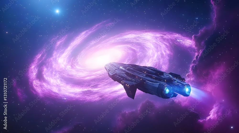 Fototapeta premium Pixel Art Spaceship in Purple Galaxy Nebula