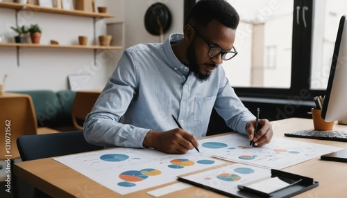 Focused financial analyst examining and analyzing diagrams in office space