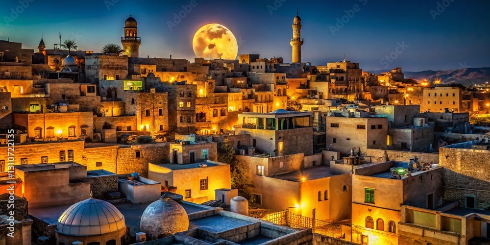 Obraz premium Moonlit Middle Eastern Cityscape: Traditional Architecture at Night