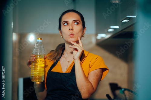 Woman Holding a Bottle of Sunflower Thinking What to Cook. Undecided home cook overthinking her meal prep feeling puzzled 
 photo