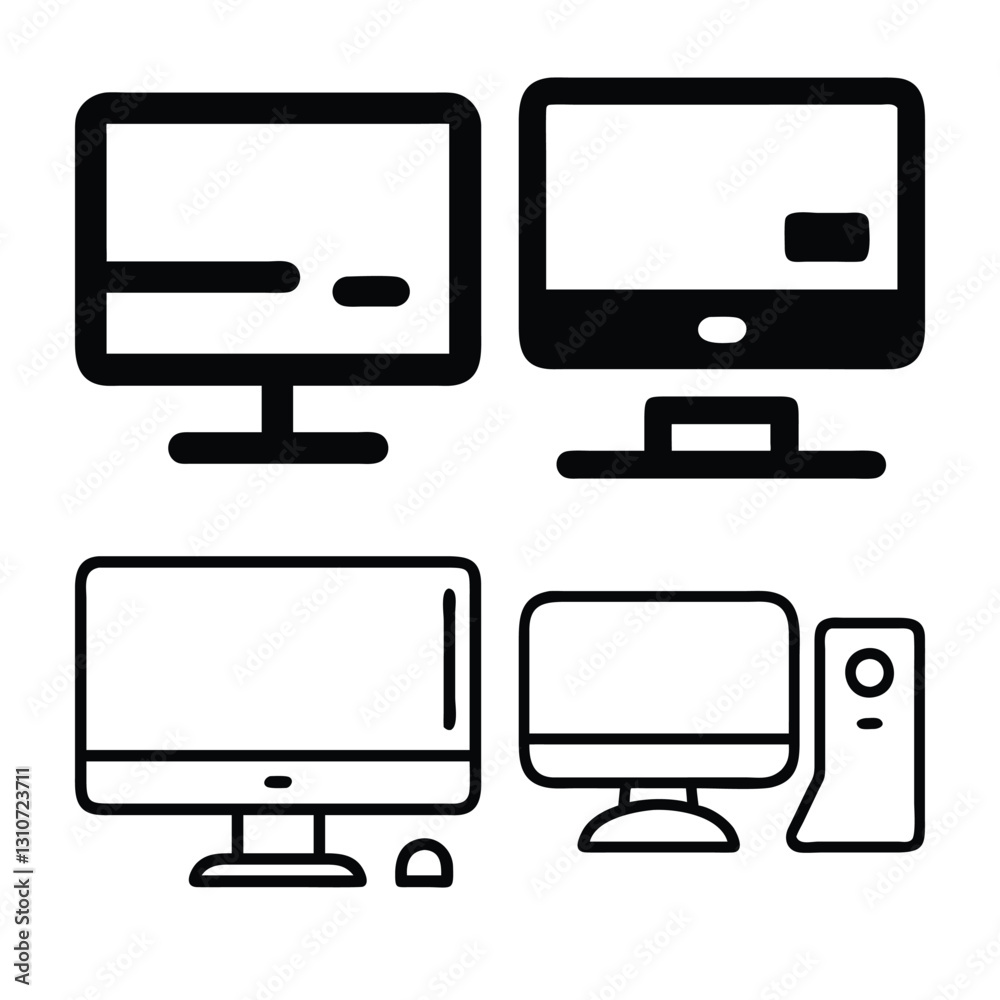Simple Line Art Illustration of Multiple Computer Monitors and Peripherals Simple Line Art Illustration of Multiple Computer Monitors and Peripherals