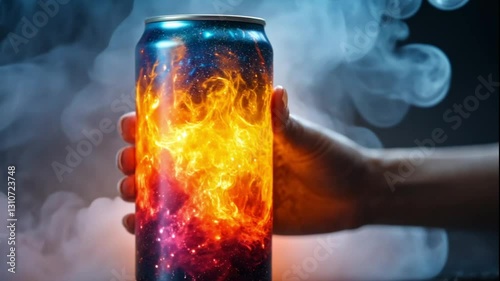 Hand holding a can with fire and cosmos design, smoky background. Possible use Stock photo for drinks, design inspiration