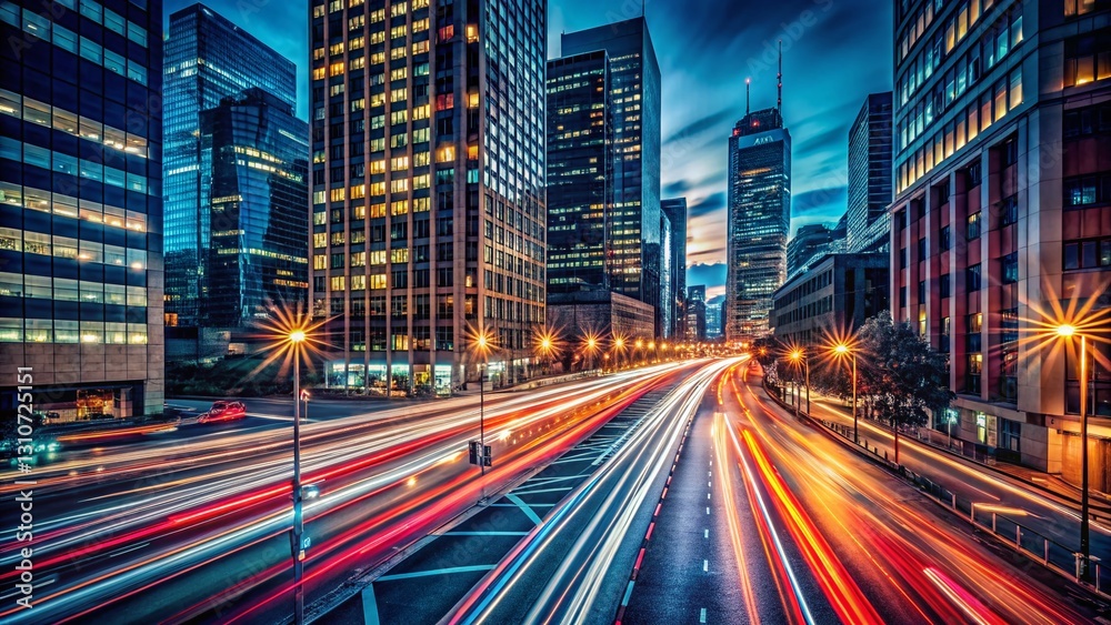 Obraz premium Mysterious Night Cityscape: Long Exposure Light Trails, Urban Scene