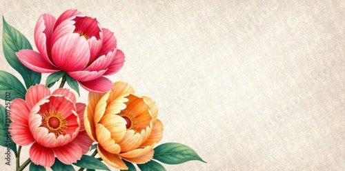 Vibrant watercolor peonies in shades of coral and yellow on a textured linen background, ornamental flower, peony flower, botanical illustration