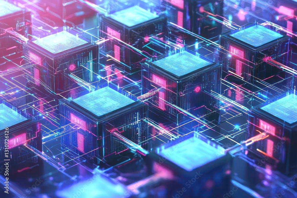 Illustration of blockchain with digital layers and interconnected cubes. Illustration of blockchain with digital layers and interconnected cubes.