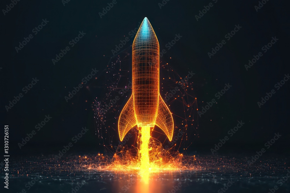 Fototapeta premium Futuristic rocket icon in a 3D glyph line design, symbolizing progress.