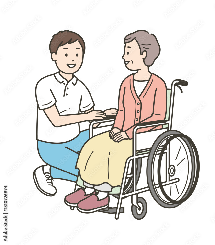 車椅子の高齢女性と介助をする男性介護士の全身イラスト 車椅子の高齢女性と介助をする男性介護士の全身イラスト