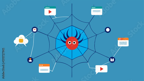 Social Media Web A large spider web where each thread is a different social media icon and fake news articles are caught in the web depicting how misinformation spreads online.