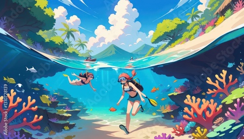 Tropical Island Underwater Paradise: Two Divers Exploring Vibrant Coral Reefs