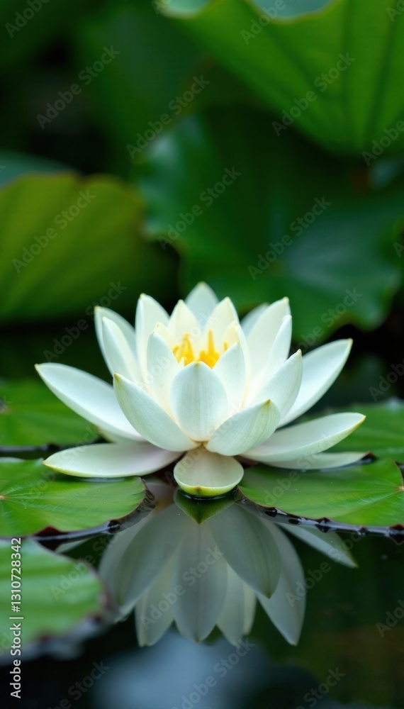 Water lily with fully opened white flowers floating on the surface of a lake or pond surrounded by lush green foliage , calming atmosphere, nature Water lily with fully opened white flowers floating on the surface of a lake or pond surrounded by lush green foliage , calming atmosphere, nature