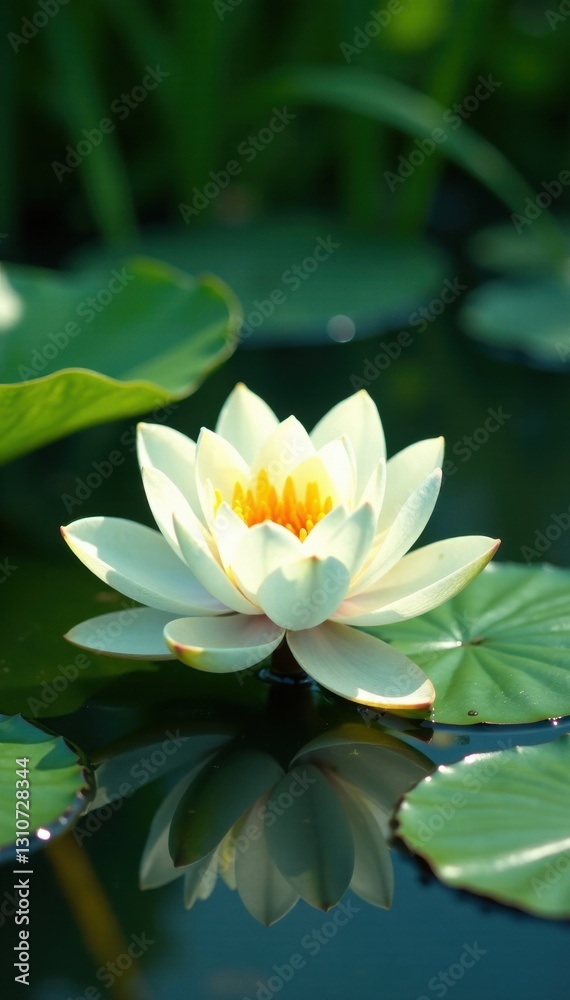Water lily with fully opened white flowers floating on the surface of a lake or pond surrounded by lush green foliage , serene lake scene, calming atmosphere, water lily Water lily with fully opened white flowers floating on the surface of a lake or pond surrounded by lush green foliage , serene lake scene, calming atmosphere, water lily