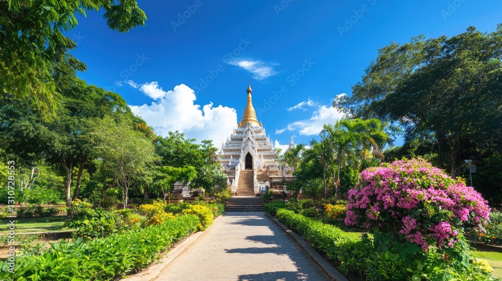 Serene Temple Surrounded by Lush Greenery and Vibrant Flowers Serene Temple Surrounded by Lush Greenery and Vibrant Flowers