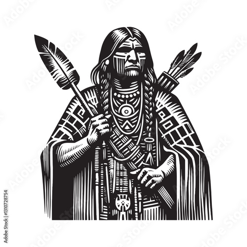 Artistic rendering of a native american warrior in woodcut style