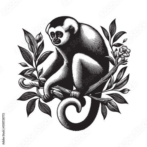 Artistic monochrome engraving depicts a contemplative Gibbon per