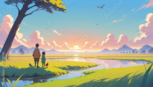 Sunset Serenity: A Father and Daughter's Peaceful Evening by the River