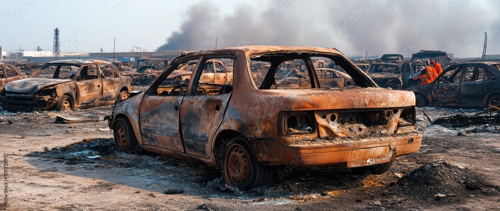 Fototapeta premium Burned cars, industrial background, smoke, disaster