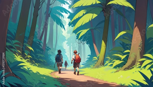 Tropical Jungle Hiking Adventure: Three Hikers Journey Through Lush Green Forest