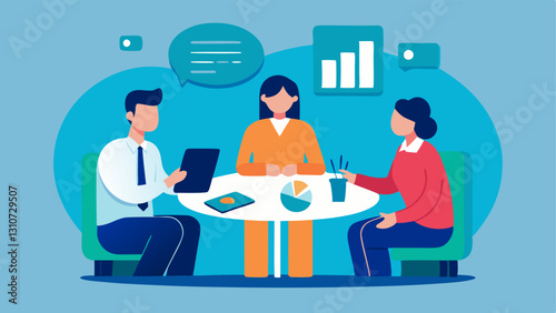 Meeting Table Consultation An illustration showing a financial advisor sitting at a round table with a couple discussing financial plans with charts and graphs displayed on a