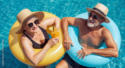 A senior woman and man couple portrait with sunglasses smiling and holding a cocktail relaxing on an inflatable float in a pool. Concept of summer bliss and peaceful relaxation.