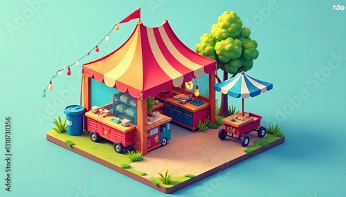 Colorful vector isometric pop-up tent store at outdoor market, pop-up, tent, retail