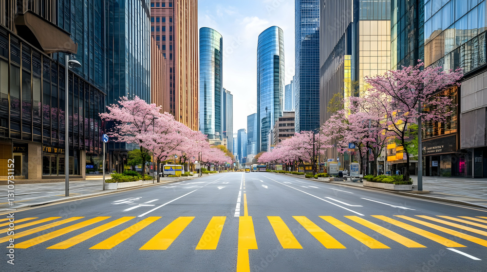 Fototapeta premium Seoul in Spring: Crosswalk Surrounded by Blossoms