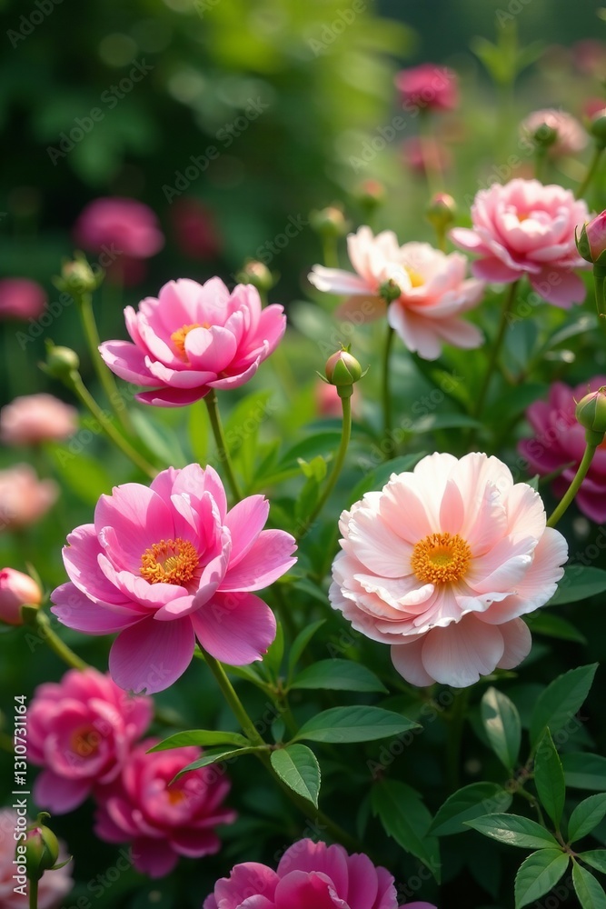 Colorful peonies and roses thriving in a lush summer garden, thriving, colorful, lush Colorful peonies and roses thriving in a lush summer garden, thriving, colorful, lush