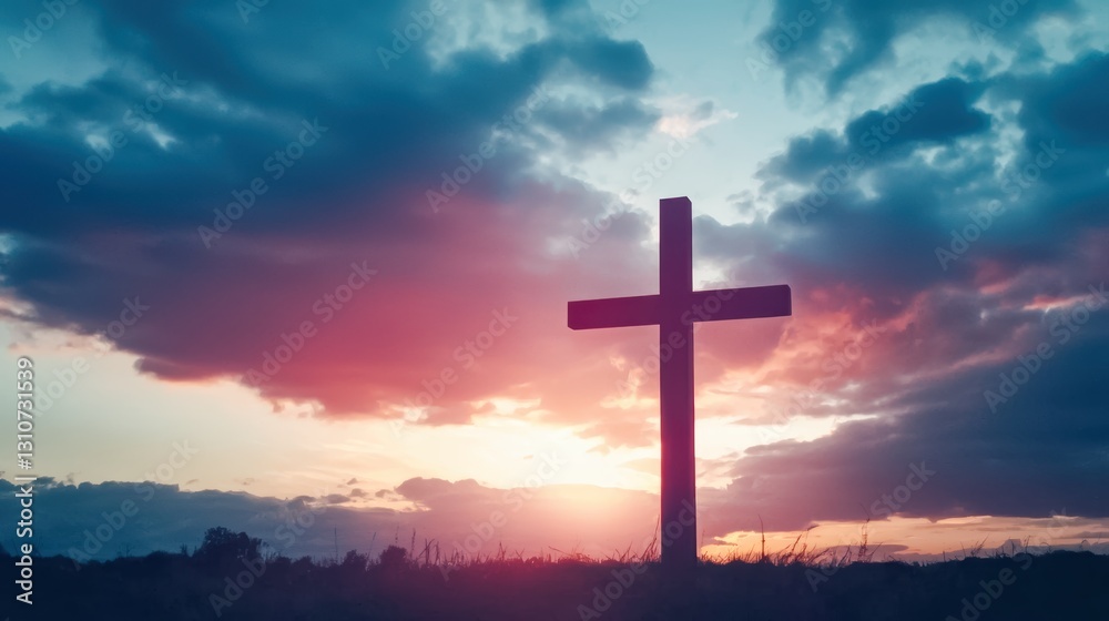 A silhouette of a cross against a colorful sunset, framed by clouds, evoking a sense of peace and spirituality, Jesus Christ, Christmas, Easter A silhouette of a cross against a colorful sunset, framed by clouds, evoking a sense of peace and spirituality, Jesus Christ, Christmas, Easter