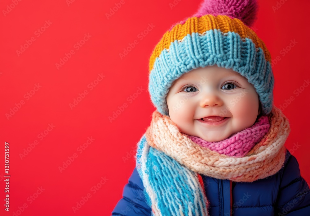 A happy baby wearing a colorful winter hat and scarf, isolated on a red background. A happy baby wearing a colorful winter hat and scarf, isolated on a red background.