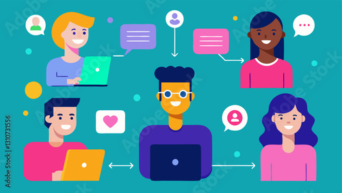 Online Community A vibrant online community with users connecting over financial advice featuring diverse characters exchanging messages exchanging tips and helping each other.
