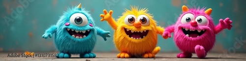 Colorful fluffy monsters with big eyes and goofy smiles in a playful pose, funny, cute, big eyes