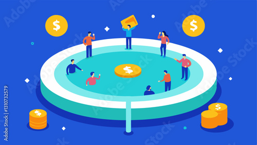 Investment Pool A large pool filled with coins and dollar bills surrounded by smaller figures representing individual investors depositing their money.