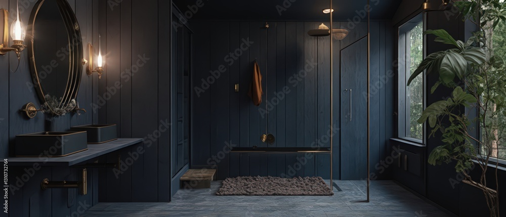 Obraz premium Modern minimalist bathrooms with clean lines, soft natural light, and sleek vanities in oak, marble, and metal finishes. Elegant, serene, Scandinavian-inspired luxury.