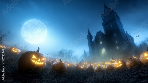 Spooky Halloween Night  Castle  Pumpkins  Moon  Bats photo