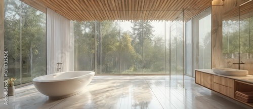 Modern minimalist bathrooms with clean lines, soft natural light, and sleek vanities in oak, marble, and metal finishes. Elegant, serene, Scandinavian-inspired luxury.