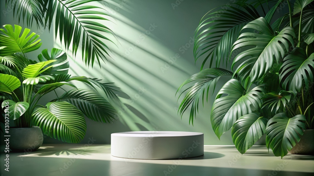 Minimalistic beauty display on a gray pedestal amidst lush green foliage with silhouetted tropical palm leaves casting soft shadows, creating a serene ambiance, gray table, natural shadows Minimalistic beauty display on a gray pedestal amidst lush green foliage with silhouetted tropical palm leaves casting soft shadows, creating a serene ambiance, gray table, natural shadows
