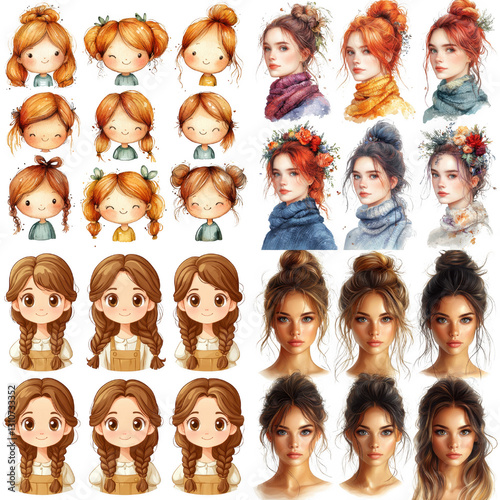 This showcases progression of character illustrations, transitioning from cute, cartoonish styles to more realistic depictions. characters have varying hairstyles and expressions, with focus red