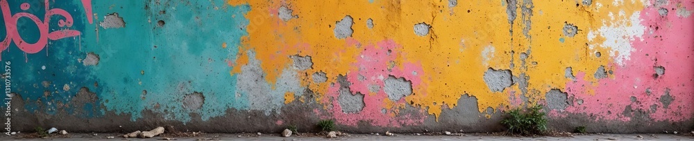 Distressed concrete wall with peeling paint and graffiti, urban grunge texture, peeling paint, texture