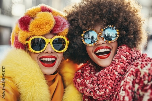 A roller-skating duo wearing neon leotards, leg warmers, and flashy accessories, laughing as they skate along a colorful boardwalk